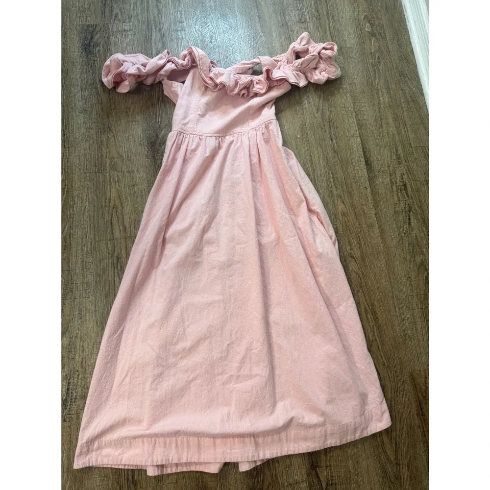 Free People Oasis Midi Dress Pink Ruffle Off Shoulder Smocked XS OB1105943